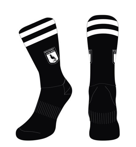 Wests Magpies Black Crew Socks with logo